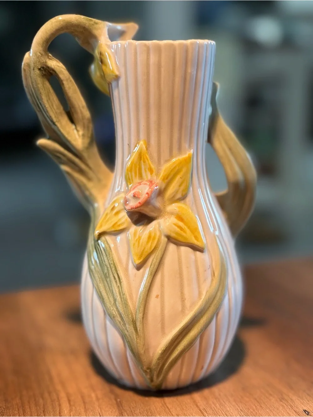 Vintage 1970s Fitz & Floyd Japan Daffodil Flower Vase Ceramic Applied Floral FF